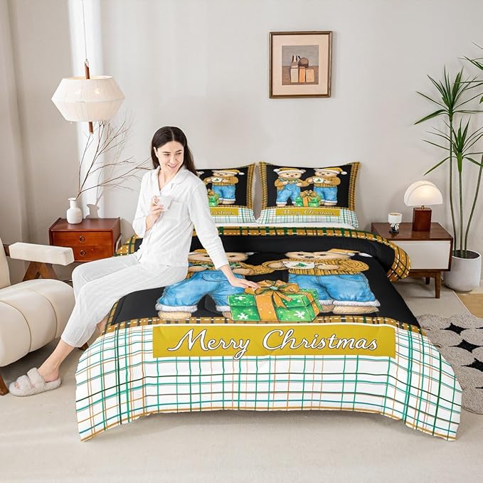 Feelyou Merry Christmas Comforter Set All Season Cute Bear Bedding Set with 2 Pillow Cases Microfiber Kids Queen Bedclothes Winter Bedroom Decor Duvet Quilt Breathable Soft
