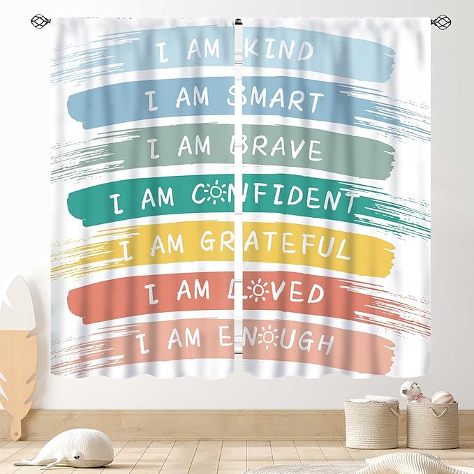 Rainbow Curtains for Classroom, Kids Girls Baby Boho Cute Inspirational Motivational Quotes Cartoon Colorful Pastel Nursery Classroom Bedroom Living Room Bathroom Window Drapes 2 Panels, 42"x45" Inch