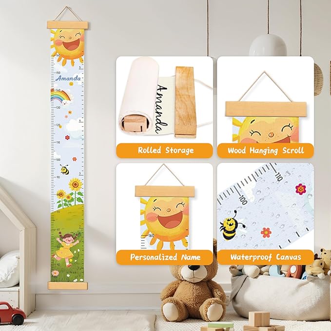Personalized Name Growth Chart Wall Decor for Kids – Canvas Removable Height Chart Measuring Ruler 59" x 7.9" (Sun Sunflower)