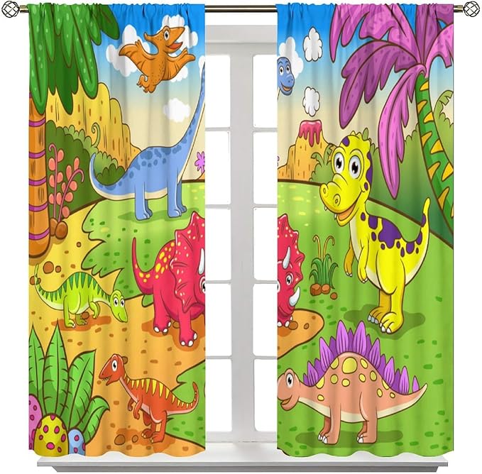 Cute Dinosaur Curtains, Colorful Cartoon Dino Pattern Blackout Window Treatments, Rod Pocket Thermal Insulated Drapes 2 Panel Sets for Kids Bedroom Nursery Classroom, 55" W X 63" L