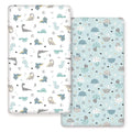 GRSSDER Stretchy Ultra Soft Jersey Knit Fitted Crib Sheets Set 2 Pack, Cozy Fits All Standard Crib Mattress Pads, Happy Dinosaurs Print for Boys and Girls