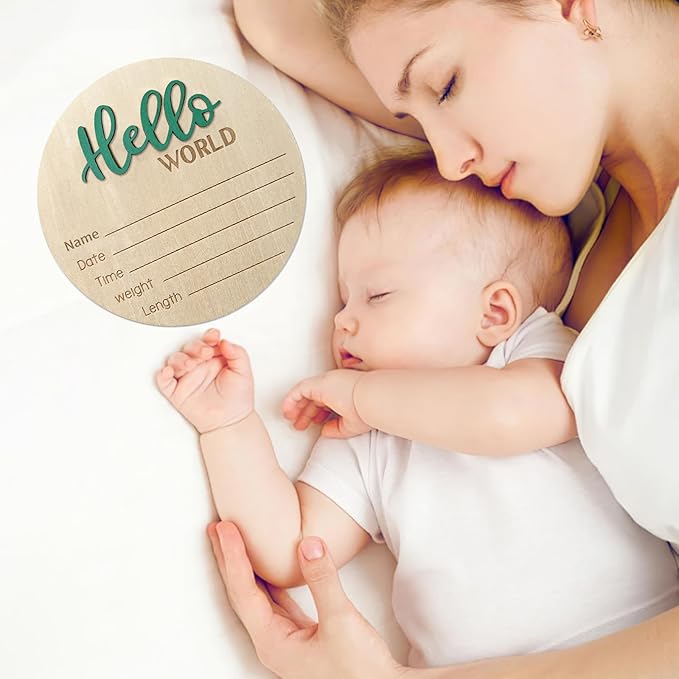 Baby Announcement Sign, 5.9 Inch Wooden Hello World Newborn Sign, Birth Announcement, Baby Shower Hospital Nursery for Newborn Boys and Girls (Green)