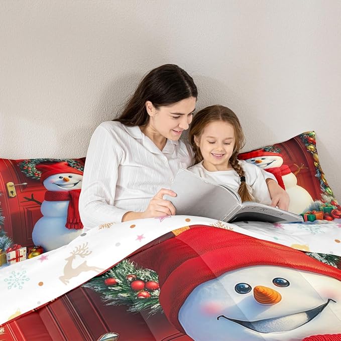 Feelyou Merry Christmas Kids Comforter Set King Size Cute Snowman Bedding Set Duvet Quilt for Kids Boys Girls Bedroom Snowflake Decor Microfiber Ultra Soft Breathable