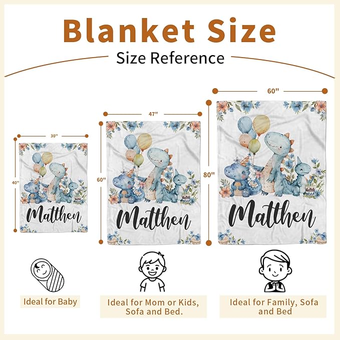 Personalized Baby Name Blanket for Boy Girl, Soft Flannel Blanket with Double Layer Dotted Backing for Infant Newborn, Nursery Crib with Dinosaur Design, Customized Gifts for New Mom(30”x40)