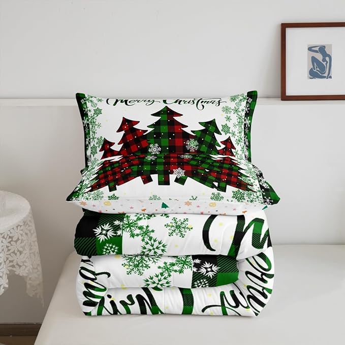 Castle Fairy Christmas Full Size Comforter Set,Pine Trees Green Snowflake Glitter Shiny Bedding Comforters Bedroom Collection,Winter Festival Plaid Checkered Bedding Set for Girls Teens