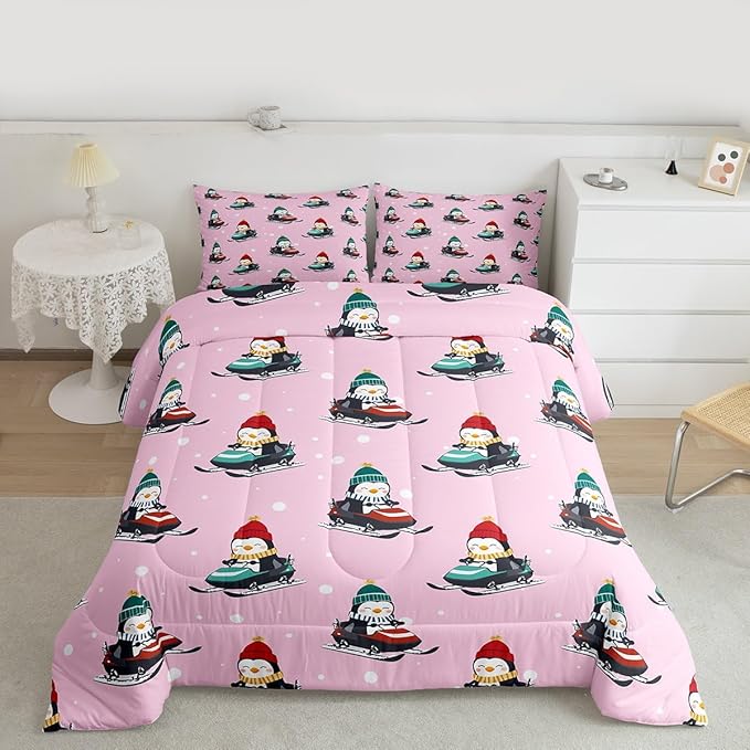 Feelyou Christmas Kids Comforter Set Toddler Size Pink Penguin Bedding Set Cartoon Penguin Skiing Duvet Quilt for Kids Boys Girls Bedroom Snowflake Decor Microfiber Ultra Soft Breathable