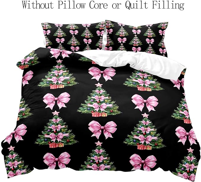 LUVIVIHOME 3PCS Christmas Tree Pink Bow Duvet Cover Full Bedding Set, Teen Girl Bedding, Black Duvet Cover, Bowknot Xmas Tree Winter Holiday Festival Coquette Christmas Comforter Cover, 2 Pillow Cases
