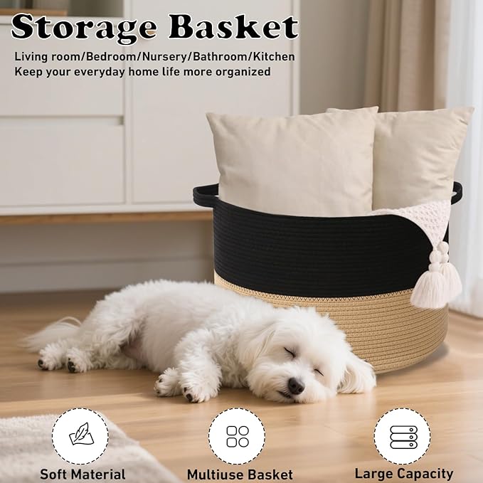 Large Blanket Basket for Organizing,65L Closet Organizers and Storage Bins Box for Shelves Woven Rope Storage Baskets,Living Room,Bedroom,Dorm,Laundry room (Black&Camel)