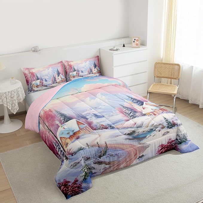 Feelyou Merry Christmas Kids Comforter Set Twin Size Village Barn Bedding Set Winter Snowscape Duvet Quilt for Kids Boys Girls Bedroom Pine Tree Decor Microfiber Ultra Soft Breathable
