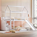 MERITLINE Twin Over Full L Shaped Bunk Bed for 2,Solid Wood House Floor Bunk Bed with Slide and Storage Stairs,No Box Spring Needed (White)