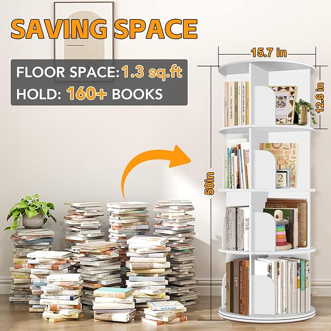 4 Tier Rotating Bookshelf Tower, Spinning Bookshelf, Revolving 360° Bookcase Storage Round Carousel, Vertical Rotate Turning Spiral Corner Organizer Lazy Susan, White