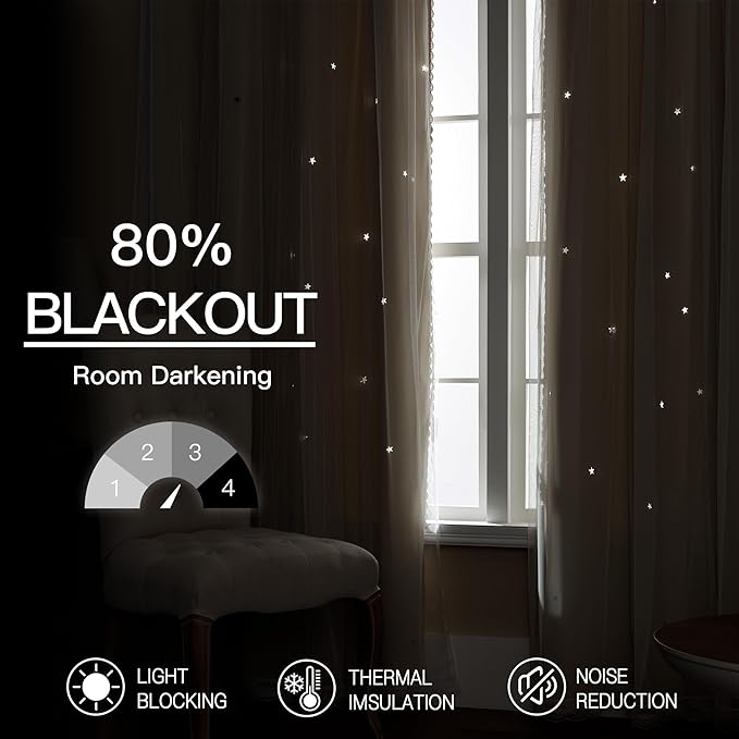 XiDi Beige Curtains with Sheer Overlay for Living Room Bedroom 2 Panels Star Hollow Out 80% Blackout Double Layer Curtains for Kids Girls Room Darkening Grommet Window Drapes with Tiebacks W34 X L54