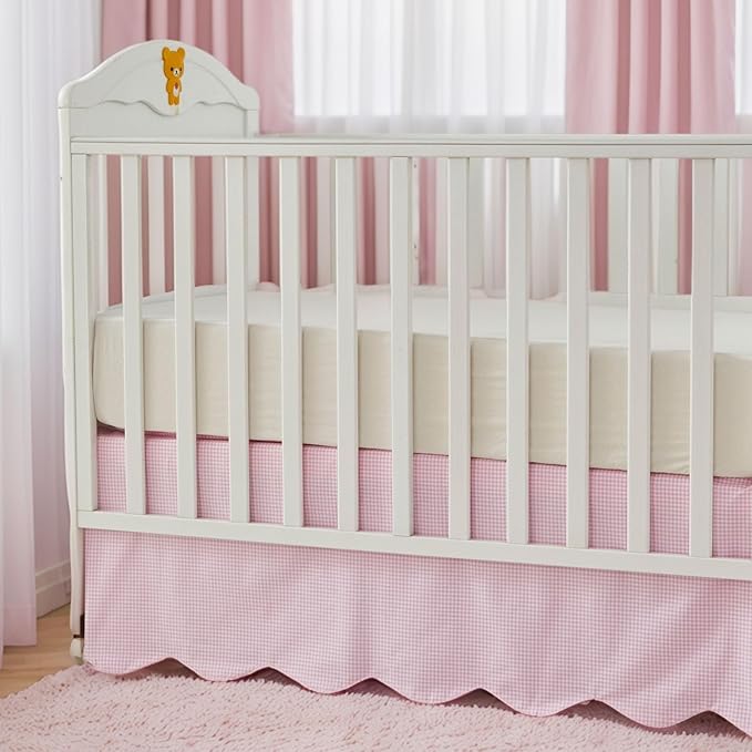 Brandream Scallop Edge Cotton Crib Skirt, Baby Boy Girl Gender Neutral Crib Skirt Toddler Bedskirt Farmhouse Chic Plaid Nursery Crib Bed Skirt, Gingham Check Pink