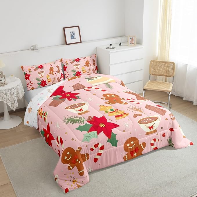 Feelyou Cute Gingerbread Man Bedding Set for Kids Boys Girls King Size Christmas Trees Comforter Set Ultra Soft Candy Comforter Dessert Duvet Quilt Bedroom Decor Christmas Decor Quilt