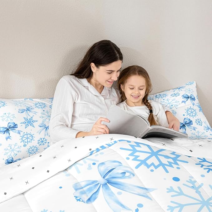 Lovely Bowknot Kids Bedding Set King Size,Dreamy Bowknot Dots Snowflake Comforter Set,Winter Merry Christmas Girly Quilt Comforter,Blue White Bedroom Duvet Insert,2 Pillowcases