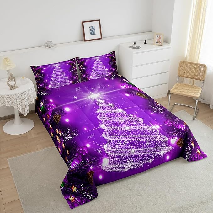 Feelyou Kids Merry Christmas Decorations Comforter Set, Kids Santa Tree Bedding Set Toddler Size for Boys Girls Teens Xmas Christmas Bell Decor Comforter Glitter Purple Quilt Set
