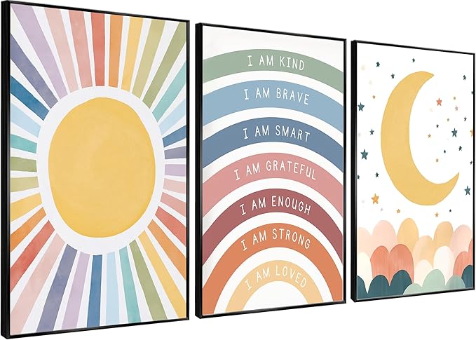 KBIERQN 3Pcs Boho Sun moon Wall Art Nursery Positive Affirmations Rainbow Poster Prints Bohemian Star Heart Canvas Picture for Toddler Baby Girls Room Playroom Bedroom Wall Decor 12x16in Unframed