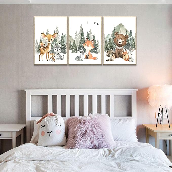 3Pcs Woodland Animal Nursery Canvas Wall Art Forest Adventure Theme Animals Picture Posters Wall Decor Cute Watercolor Deer Bear Fox Painting Print Artwork for Kids Baby Bedroom Decor 12x16in Unframed