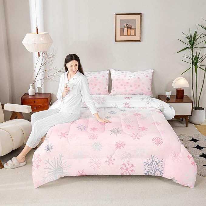 Feelyou Pink Snowflake Comforter Set King, Glitter Snowflake Comforter for Boys Girls Winter Theme Bedding Set Winter Holiday Duvet Set Decorative 3Pcs