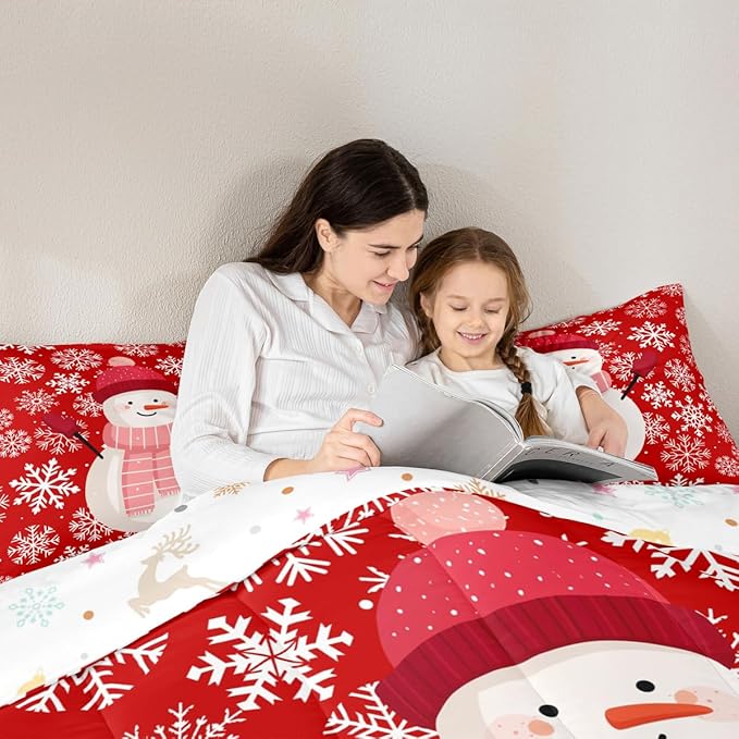 Feelyou Christmas Comforter Set All Season Snowman Red Bedding Set with 1 Pillow Cases Xmas Snowflakes Microfiber Kids Toddler Bedclothes Winter Snow Bedroom Decor Duvet Quilt Breathable Soft