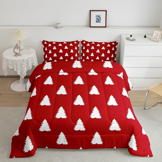 Feelyou Red Christmas Trees Bedding Set for Kids Boys Girls Full Size Xmas Comforter Set Ultra Soft Winter Comforter Holiday Decor Duvet Quilt Bedroom Decor Christmas Ornaments Quilt