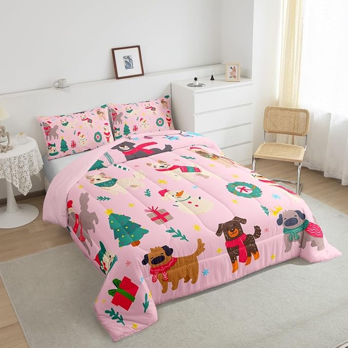 Erosebridal Cute Dog Comforter Set Twin Size Puppy Dog Cartoon Xmas Bedding Set Christmas Tree Quilts for Kids Boys Girls Bedroom Decor Snowman Duvet Insert with 1 Pillow Case