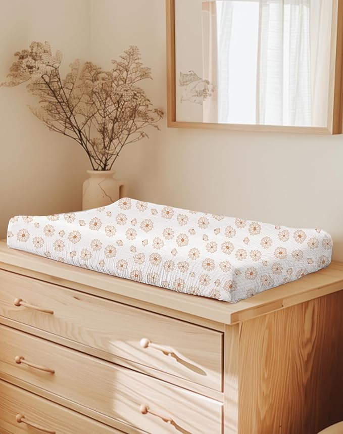 Changing Pad Cover for Baby Girls Boys, Muslin Changing Table Pad Covers with Boho Style, Neutral Color Soft and Breathable (Flower-A)