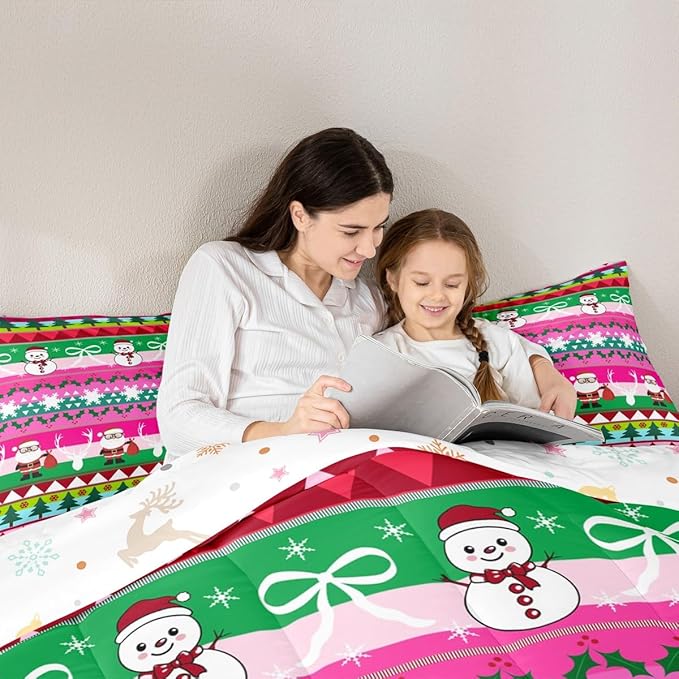 Feelyou Merry Christmas Tree Kids Comforter Set Full Size Cute Snowman Bedding Set Santa Claus Duvet Quilt for Kids Boys Girls Bedroom Cartoon Bowknot Decor Microfiber Ultra Soft Breathable
