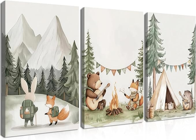 AKWISH Nursery Woodland Animals Canvas Wall Art, Cute brave Bear Fox Rabbit Hedgehog Nursery Wall Decor, Framed Wildlife Camping Picture Prints for Kids Room Baby Bedroom – 12x16in