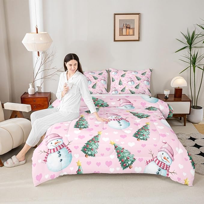 Feelyou Merry Christmas Comforter Set All Season Cute Snowman Bedding Set with 1 Pillow Cases Christmas Tree Microfiber Kids Toddler Bedclothes Love Hearts Duvet Quilt Breathable Soft Lightweight