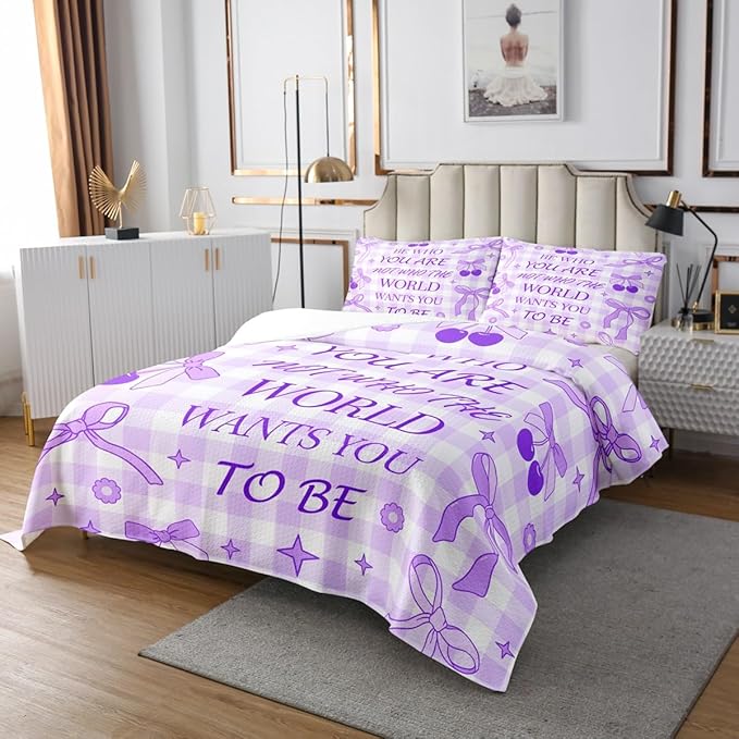 Purple Bowknot Bedspread King Size,Cherry Stars Daisy Flowers Romantic Coverlet Set,Girls Women Room Decor,Bow Tie Geometric Plaid Patchwork Quilted Coverlet,Dreamy Bedding Quilt,2 Pillowcases