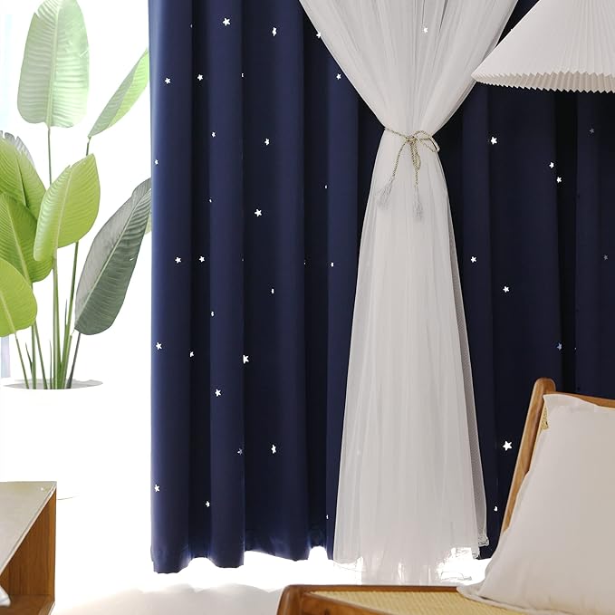 Kinryb Kids Blackout Small Curtains for Bedroom/Living Room/Classroom, Sheer Overlay 2 Free Tiebacks,Double Layer Curtains with Star Cutout for Kids Room(W 52 x L 36 Inches,Navy Blue 2 Pcs)