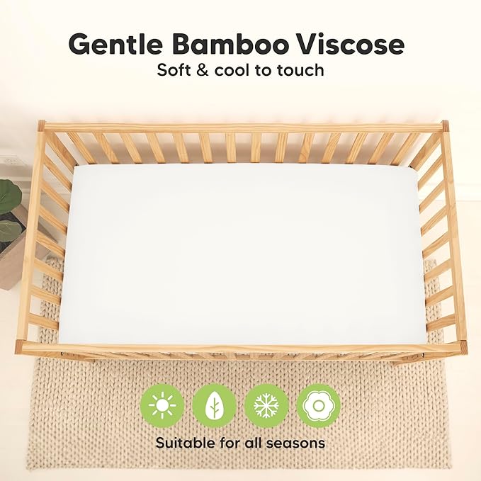 2-Pack Waterproof Baby Crib Sheets for Boys, Girls - 52x28 Viscose Derived from Bamboo Toddler Bed Sheet Neutral, Fitted Crib Mattress Protector Cover for Baby Bedding, Soft & Gentle (Soft White)