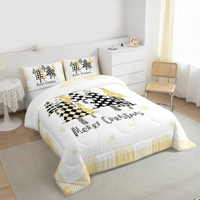 Manfei Xmas Tree Comforter Set Queen Size, Yellow Plaid Grid Snowflake Down Comforter with 2 Pillowcases, Christmas Theme Bedding Set 3pcs for Kids Girls Adults Room Decor New Year Duvet Insert