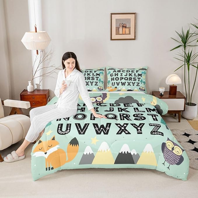 Feelyou Alphabet Kids ABC Learning Comforter Set All Season Cute Fox Bedding Set with 2 Pillow Cases Educational Nursery Art Microfiber Kids King Bedclothes Woodland Animals Bedroom Decor Duvet Quilt
