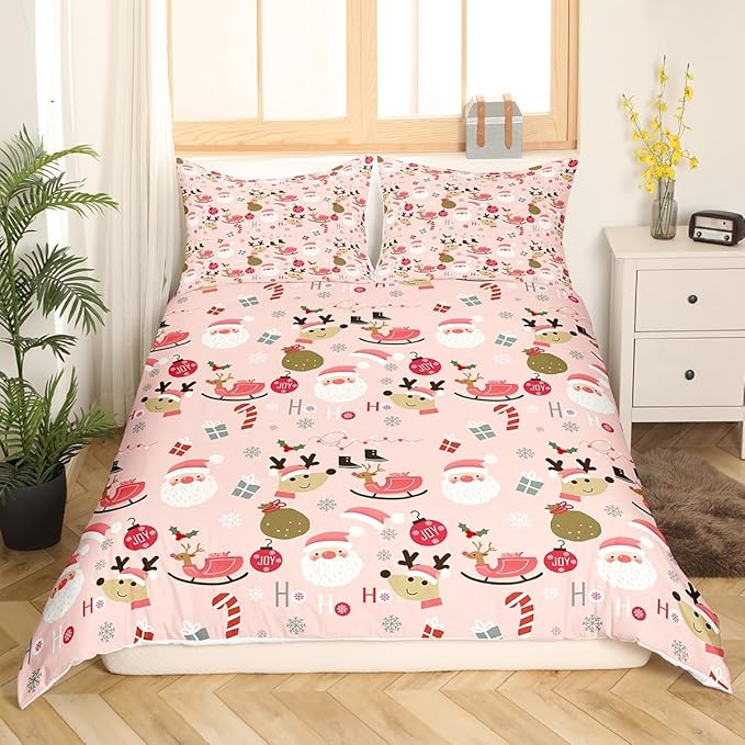 Manfei Christmas Duvet Cover Set Full Size, Santa Claus and Reindeer Bedding Set 3pcs for Kids Girls Adult, New Year Theme Comforter Cover Soft Polyester Quilt Cover with 2 Pillowcases,No Comforter