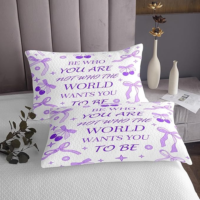 Purple Bowknot Kids Bedspread King Size,Cherry Tropical Fruit Stars Daisy Cute Coverlet Set,Girls Women Room Decor,Bow Tie Cartoon Princess Quilted Coverlet,Romantic Bedding Quilt,2 Pillowcases