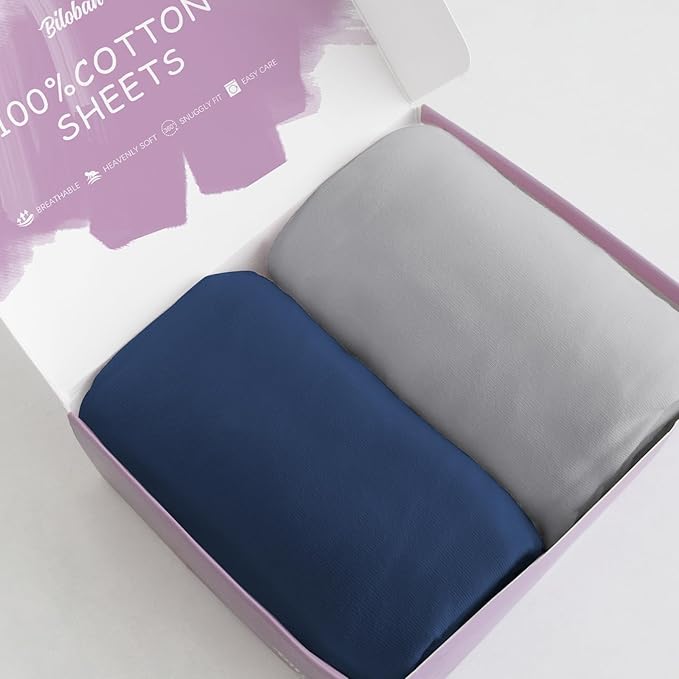 Bassinet Sheets Fit for Graco Sense2Snooze Bassinet and SNOO Smart Sleeper Baby Bassinet,100% Cotton, 2 Pack, Ultra Soft Bassinet Sheet, Gray and Navy Blue