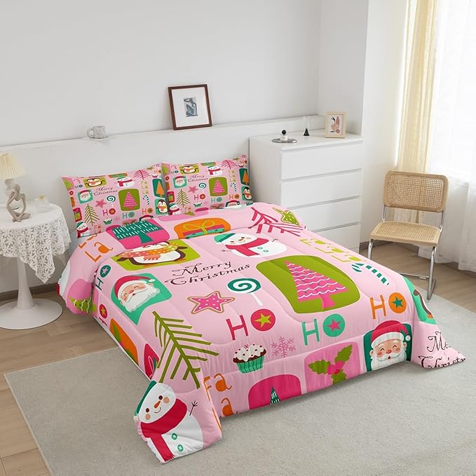 Erosebridal Christmas Kids Comforter Set Full Size Cartoon Santa Claus Quilts Boys Girls Room Decor Merry Xmas Penguin Bedding Set Christmas Tree Snowman Down Comforter,Pink