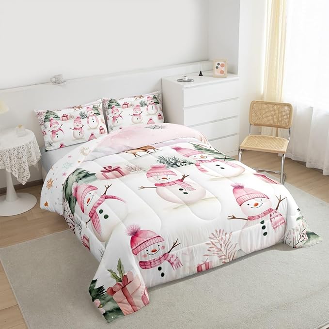 Manfei Merry Christmas Comforter Set King Size,Cute Snowman Pine Trees Deer Bedding Set 3pcs,New Year Theme Down Comforter for All Season,Kids Boys Girls Room Decor,2 Pillowcases,No Sheets