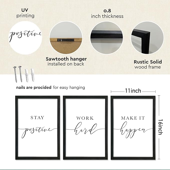 YWJKWLGS Inspirational Office Wall Art Set 11x16 Inch 3 piece Motivational Quotes Wall Decor Stay Positive Work Hard Make It Happen Signs for Home & Office Wood Framed Hanging (Black)