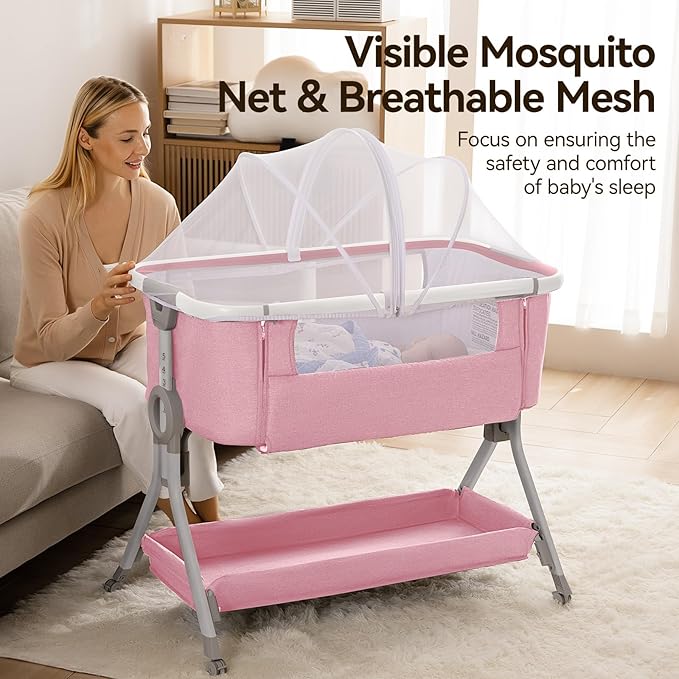 Larex Baby Bassinet, Baby Bassinet Bedside Sleeper with Storage Basket and Wheels, Height Adjustable Portable Crib for Newborn Infant, Easy Assemble and Folding(Pink)