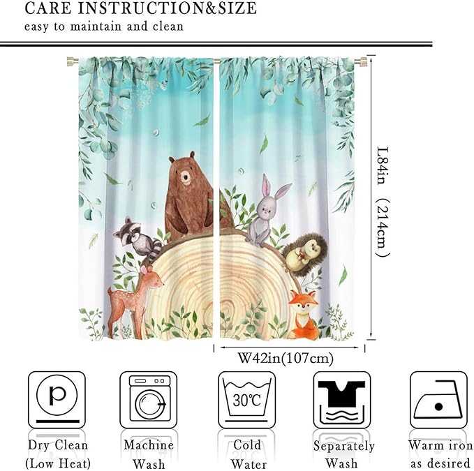 Kids Forest Animal Curtains, Woodland Animal Window Treatments Fox Deer Bunny Wildlife Safari Jungle Bear Farmhouse Window Drapes for Girls Boys Nursery Bedroom 84x84in
