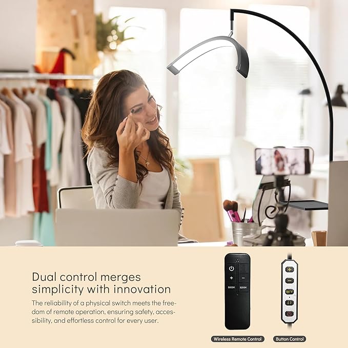 Lash Light 23 inch Floor Lamp for Eyelash Extensions Standing LED Half Moon Lights for Nail Art, Tattoos, Skincare with Adjustable Brightness & Height & Movable Tray & Phone Holder.