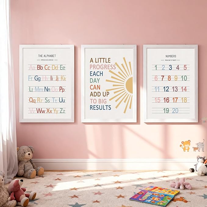3 PCS Alphabet Numbers Framed Playroom Wall Decor,Classroom Must Haves,A Little Progress Each Day Boho Educational ABC Poster Wooden Sign for Baby Girl Kid Boy Toddlers,Neutral Preschool English Letters Nursery Decor for Homeschool Kindergarten Kids Le...
