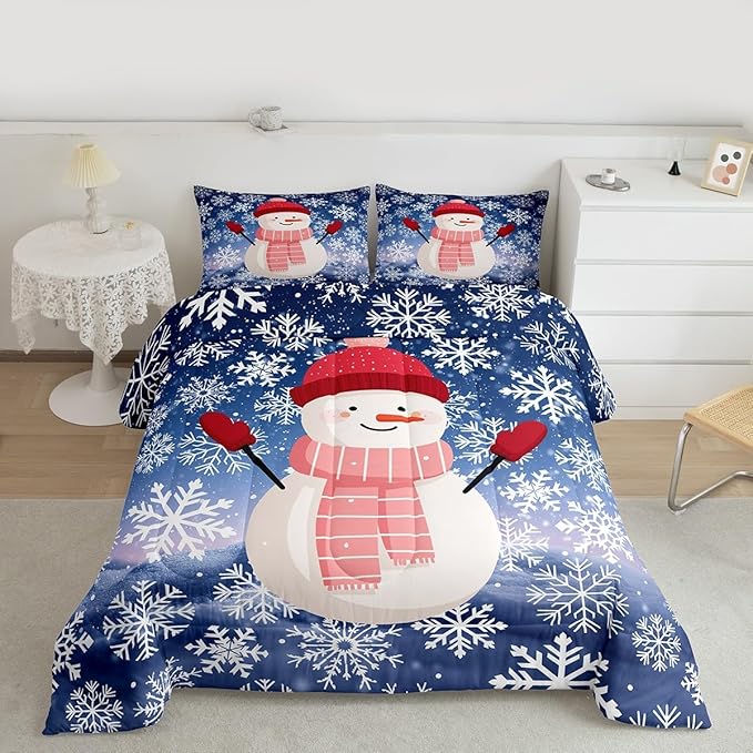 Feelyou Christmas Kids Comforter Set Toddler Size Snowman Purple Blue Gradient Bedding Set Xmas Snowflakes Duvet Quilt for Kids Boys Girls Bedroom Winter Snow Decor Microfiber Ultra Soft Breathable