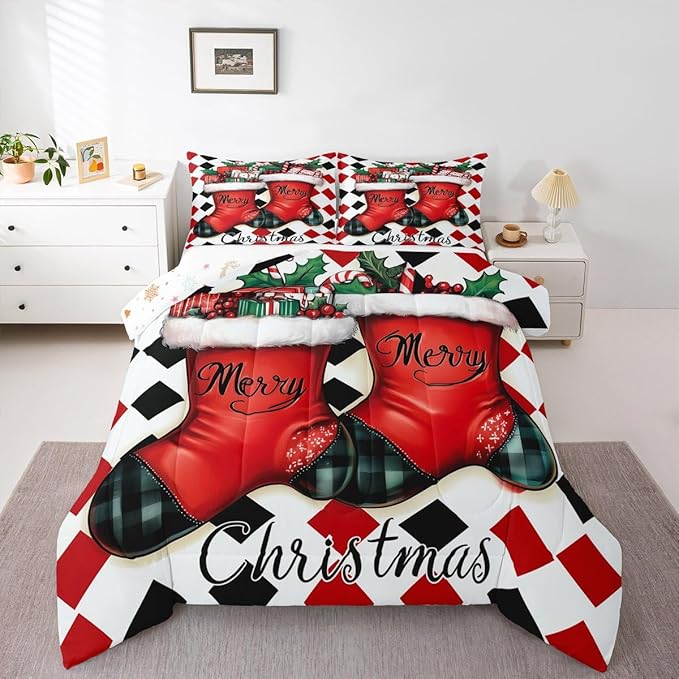 Feelyou Merry Christmas Comforter Set Twin Size Cartoon Shoes Bedding Set for Kids Boys Girls Duvet Quilt Winter Bedroom Decor Microfiber 2 Pcs with 1 Pillow Cases