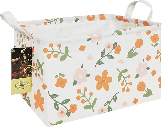 HUNRUNG Rectangle Storage Basket Cute Canvas Organizer Bin for Pet/Children Toys, Books, Clothes Perfect for Rooms/Playroom(Rec-Orange Flower)