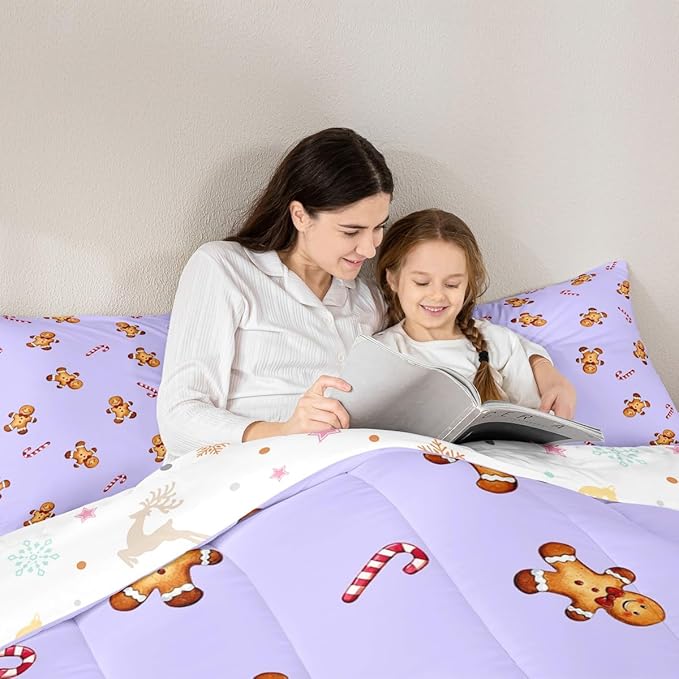 jejeloiu Kids Cute Gingerbread Man Comforter Set King Size Christmas Theme Bedding Set for Boys Girls Teens Xmas Candy Cane Happy New Year Purple Duvet Quilt Room Decor