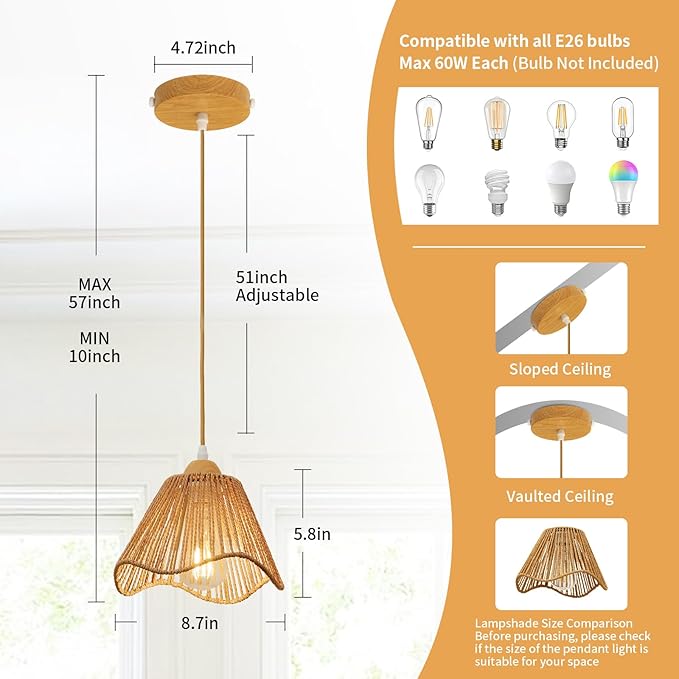 Wave Rattan Chandelier Pendant Lights Kitchen Island,Farmhouse Boho Chandeliers Adjustable Height Hanging lamp for Dining Room,Kitchen Ceiling Light Fixtures with Hand Woven Wicker Lampshade